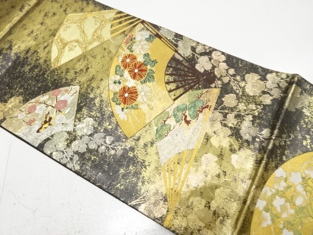 Honkin gold pouch obi with fan-shaped interweaving of seasonal flowers and grass
